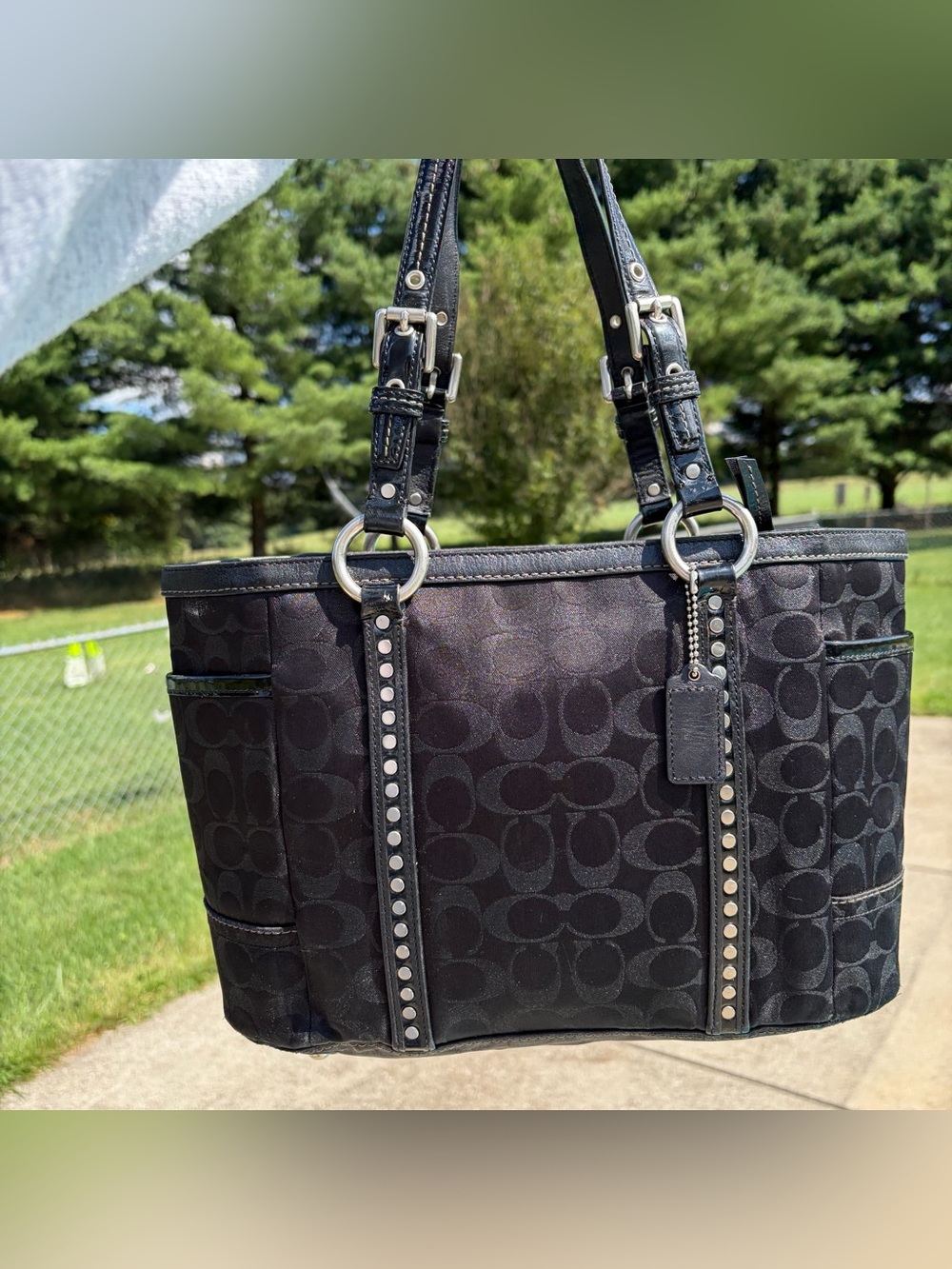 Authentic 2008 Coach Black Studded Signature Canvas Gallery Tote Shoulder Bag